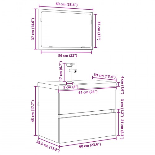 Badeværelsesmøbel sæt 3 stk Sort eg 60 x 38.5 x 45 cm