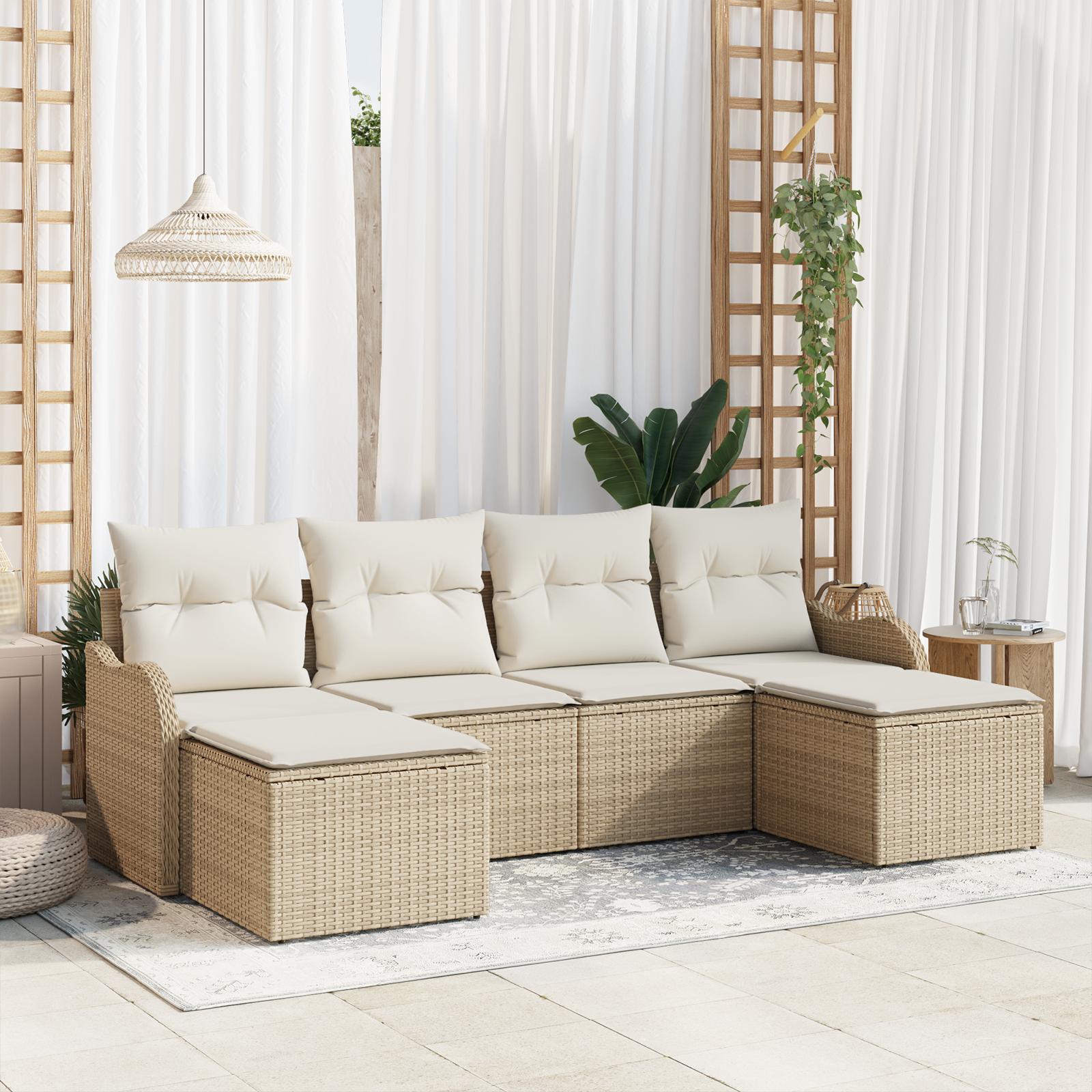 Havesofa Sæt med pude 6 stk Beige og hvid Poly rattan