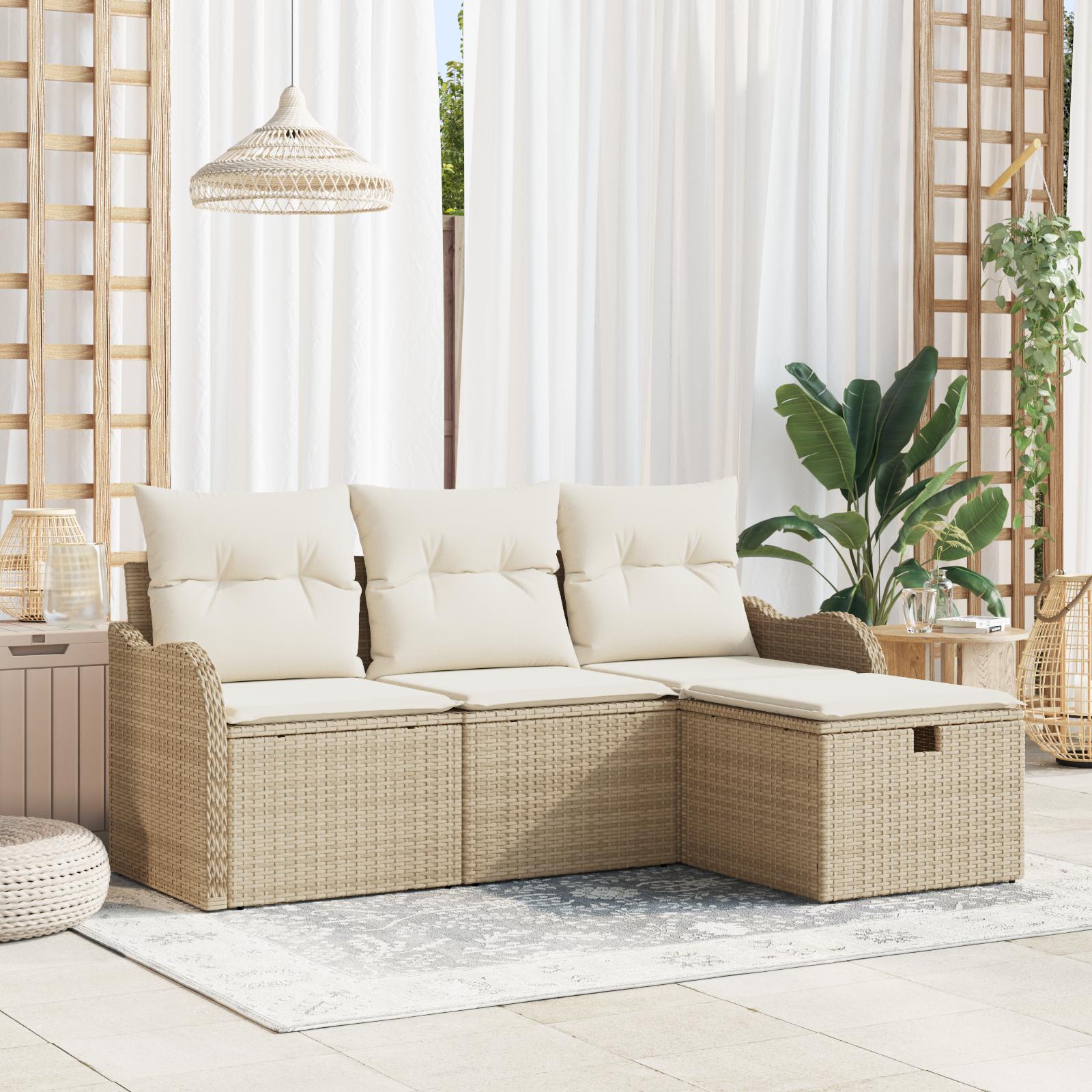 Havesofa Sæt med pude med opbevaring 4 stk Beige Poly rattan