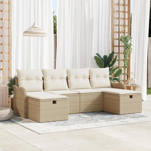 6-Piece Havesofa Sæt med Puder Beige Poly Rattan&& 2-Personers Havesofa med Opbevaring & Puder Beige Poly Rattan