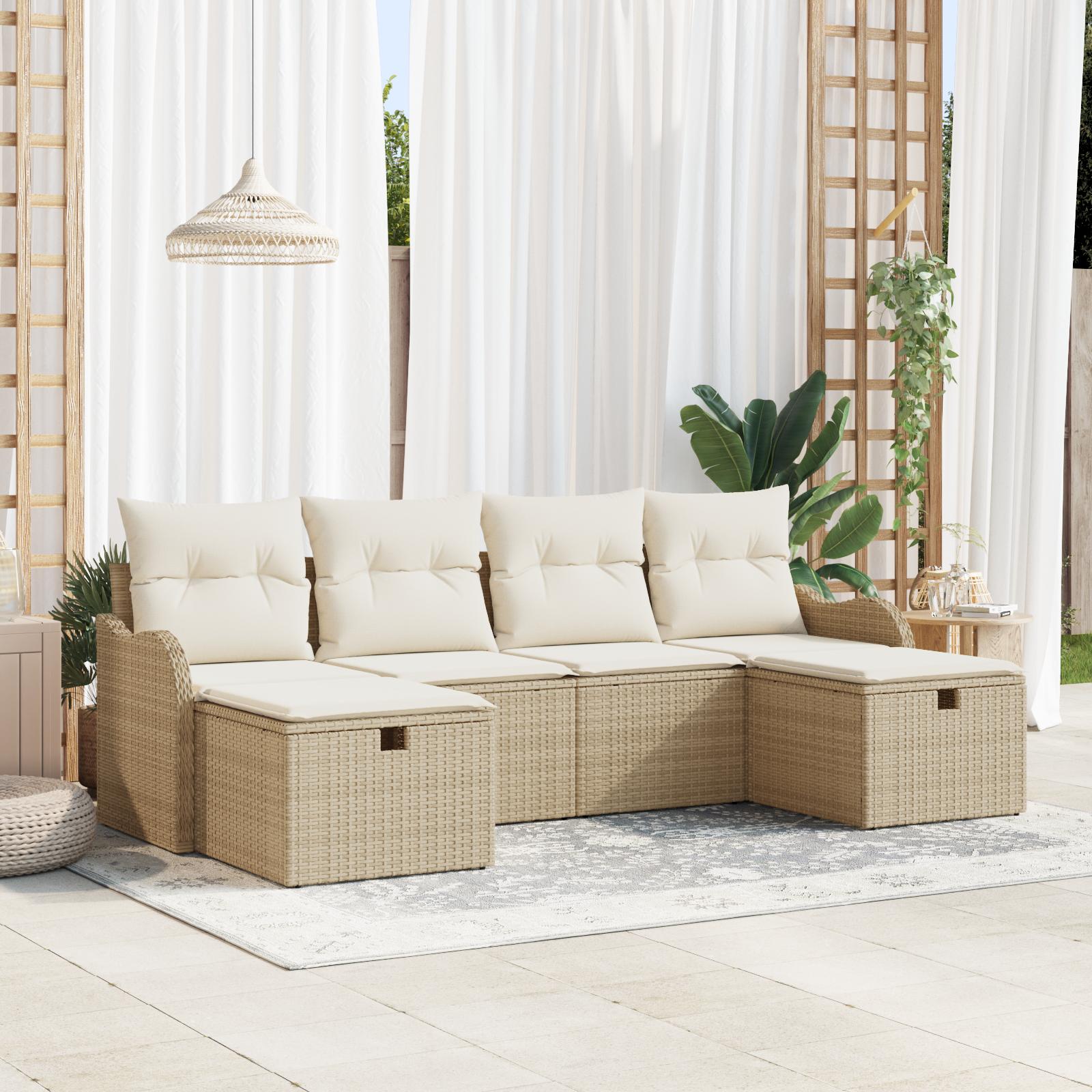 6-Piece Havesofa Sæt med Puder Beige Poly Rattan&& 2-Personers Havesofa med Opbevaring & Puder Beige Poly Rattan