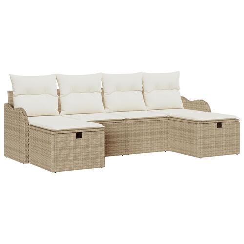 6-Piece Havesofa Sæt med Puder Beige Poly Rattan&& 2-Personers Havesofa med Opbevaring & Puder Beige Poly Rattan