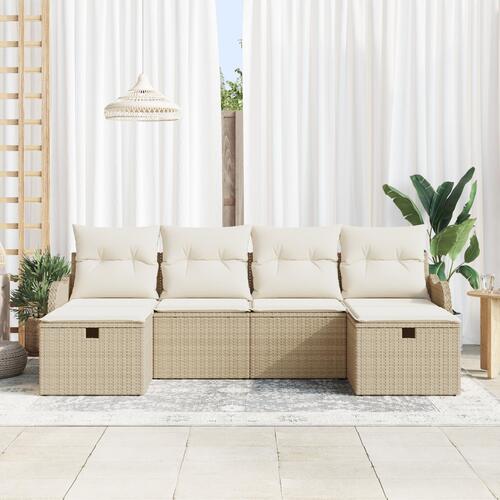 6-Piece Havesofa Sæt med Puder Beige Poly Rattan&& 2-Personers Havesofa med Opbevaring & Puder Beige Poly Rattan