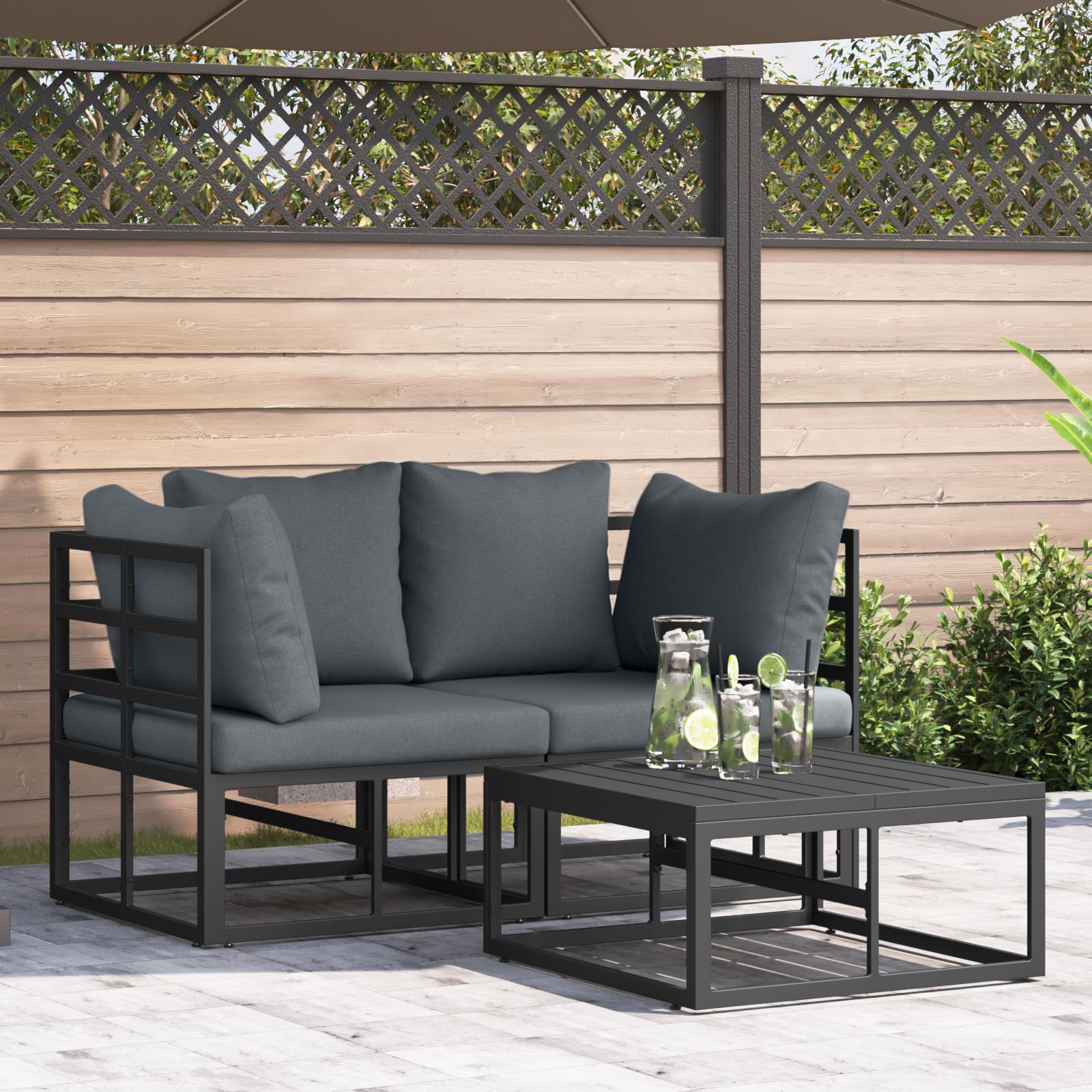 Havesofa Sæt med pude 3 stk Sort Aluminium