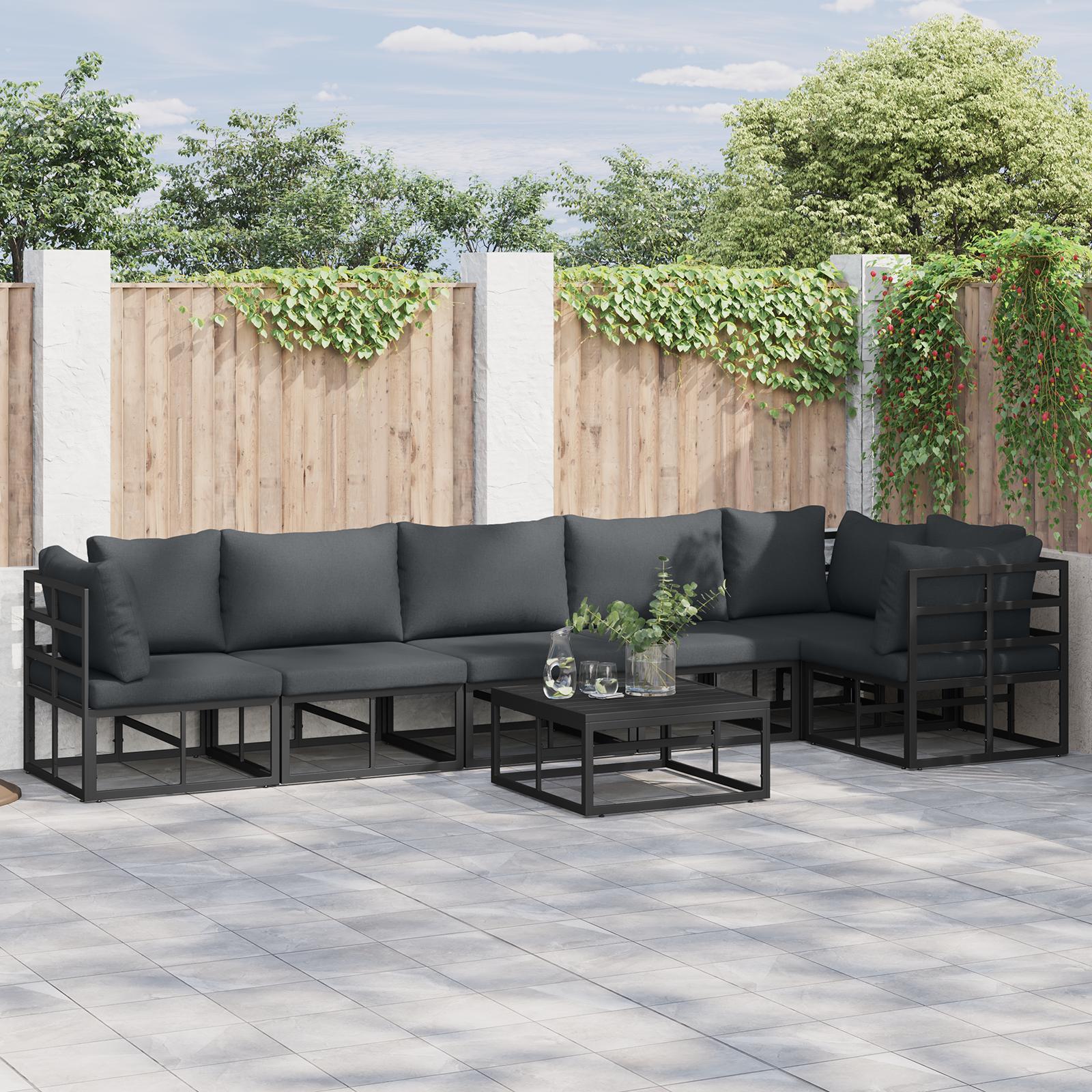 Havesofa sæt i sort aluminium med puder - 6-pers. loungesæt