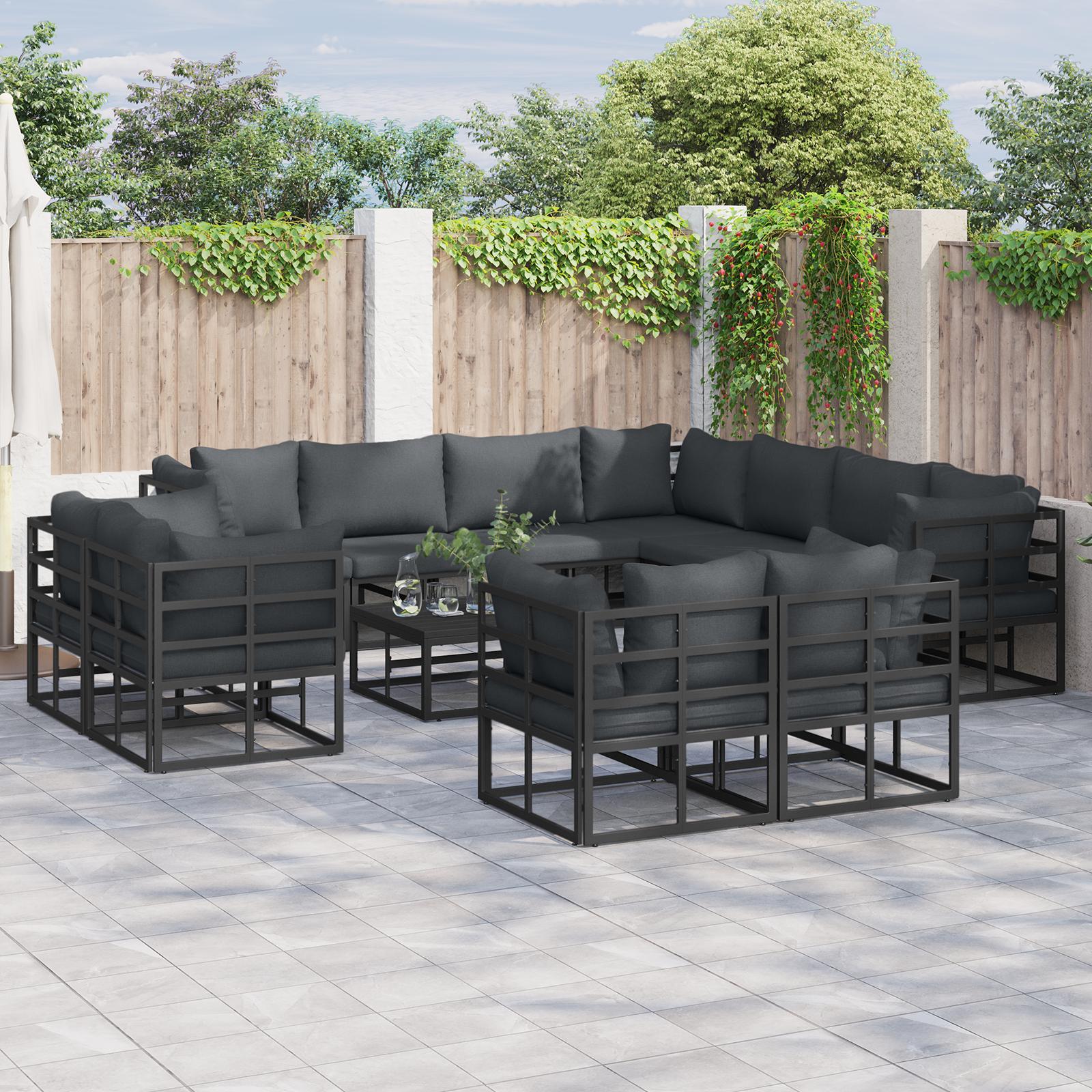 Havesofa sæt med puder - 12 dele, sort aluminium