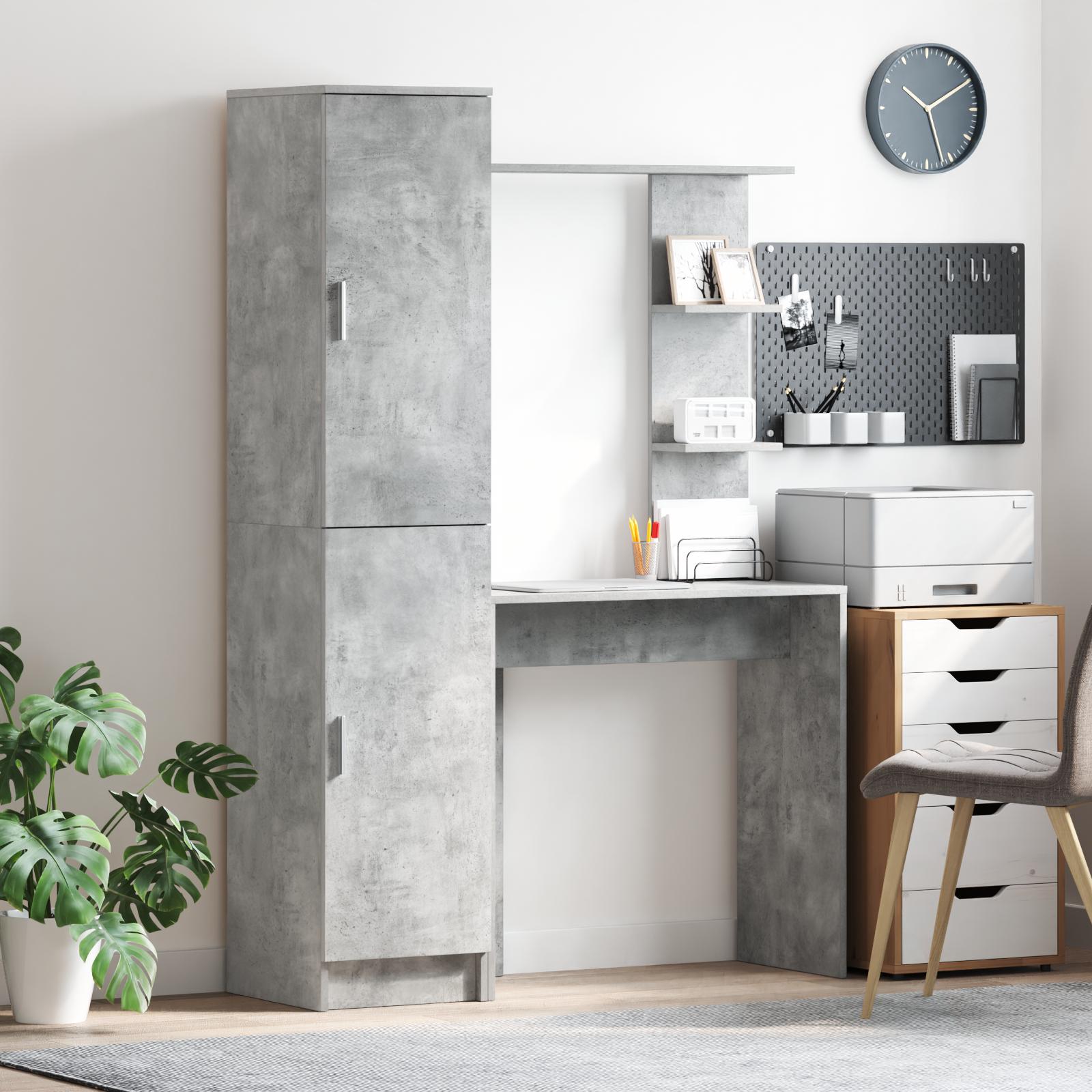 Skrivebord Med Opbevaring 2 Dele Hvid 78,5 X 37 X 154,5 Cm - Betongrå