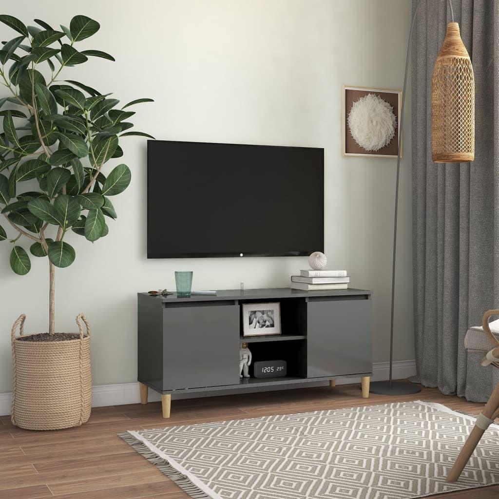 Tv-bord med massive træben 103,5x35x50 cm grå højglans