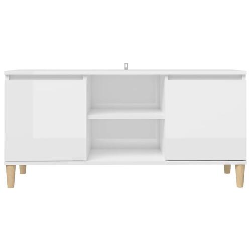 Tv-bord med massive træben 103,5x35x50 cm hvid højglans