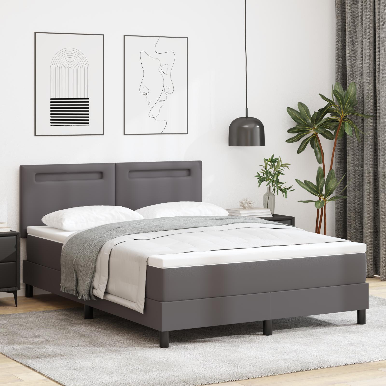 Box Spring Seng med Madras Grå 140x190 cm Faux Læder&& Enkel design sengegavl Grå 140 cm Faux Læder