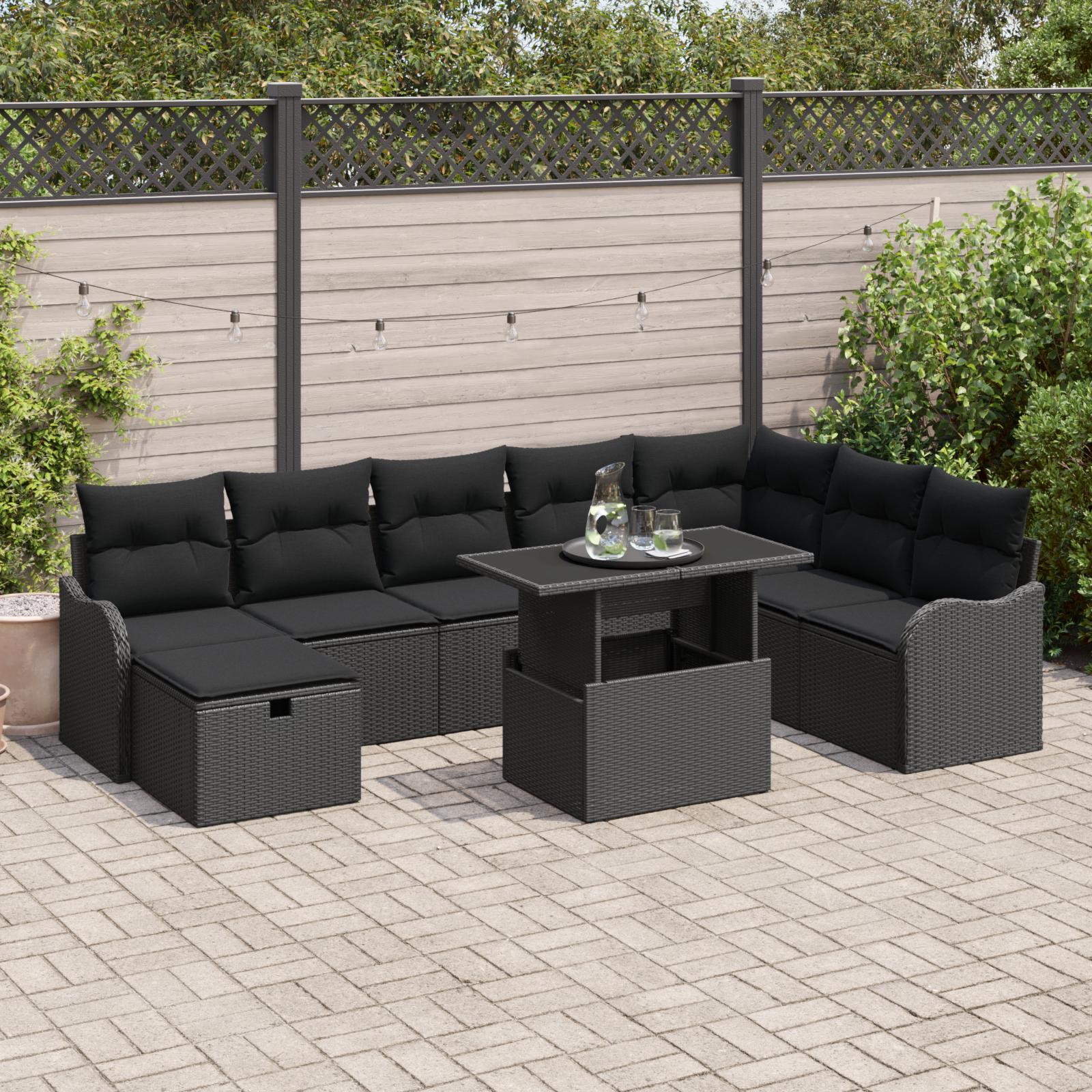 Havesofa SÃ¦t med pude med opbevaring 9 stk Sort Poly rattan