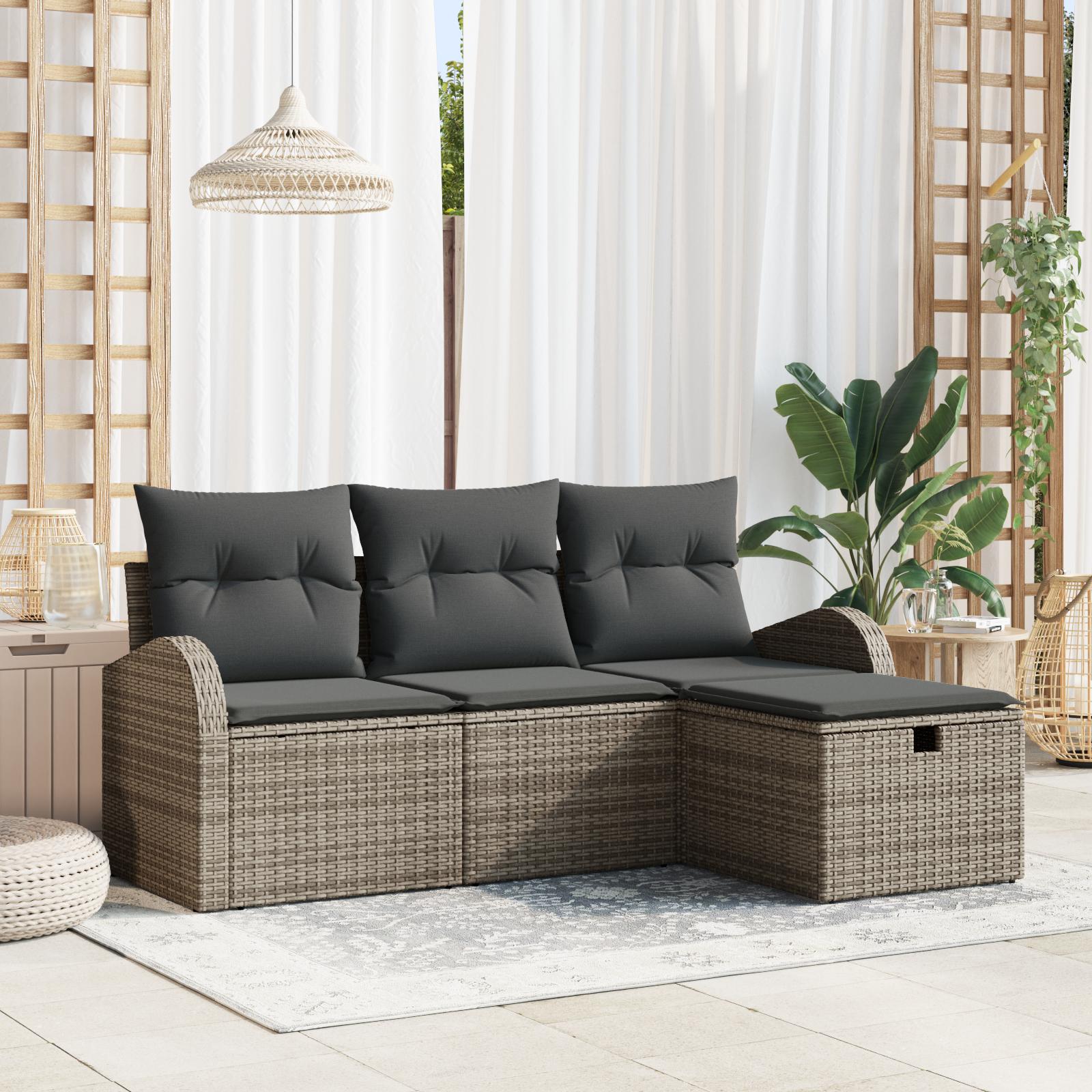 Havesofa Sæt med pude med opbevaring 4 stk Grå Poly rattan