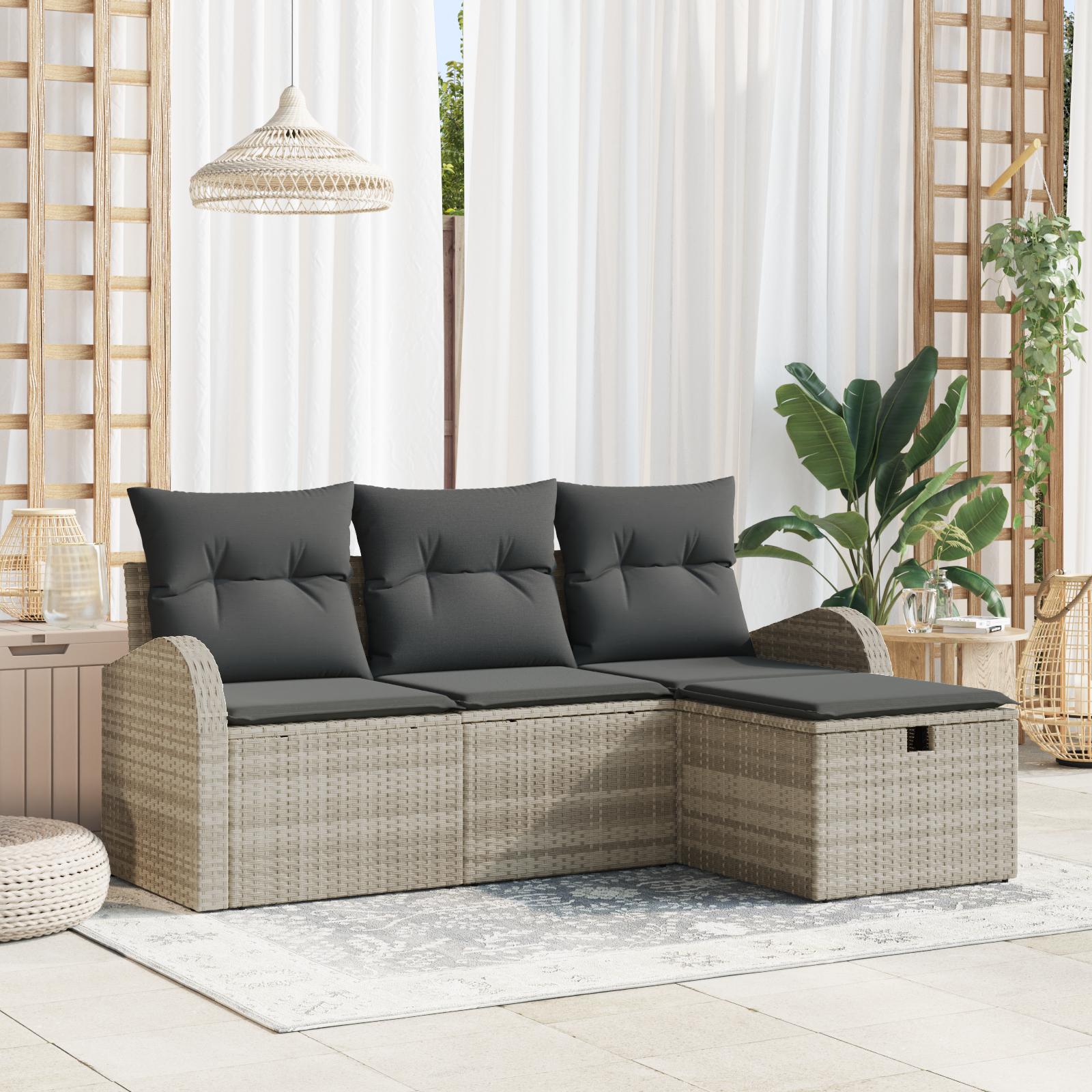 Havesofa Sæt med pude med opbevaring 4 stk Lysegrå Poly rattan