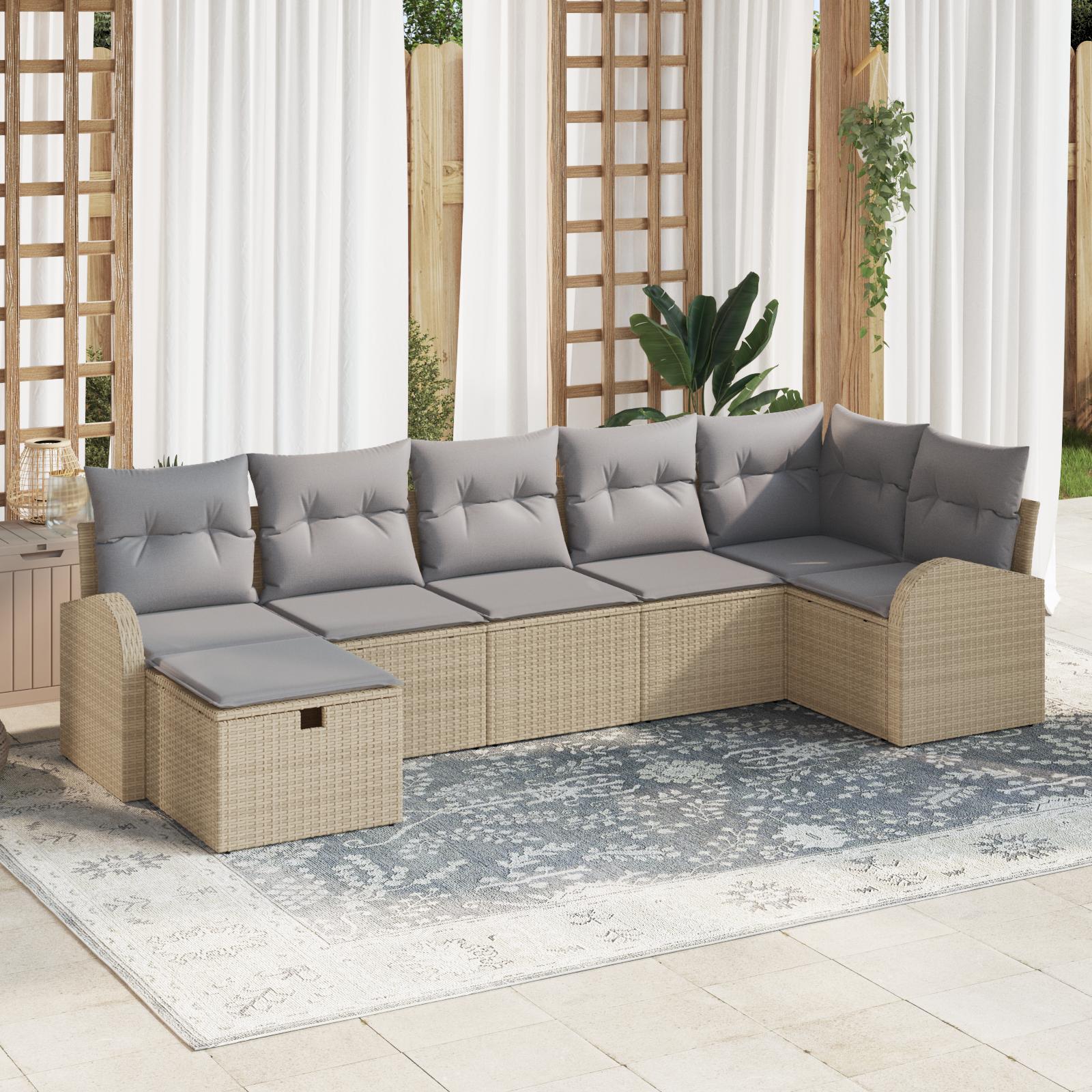 Havesofa sæt 7 stk. i beige polyrattan med puder