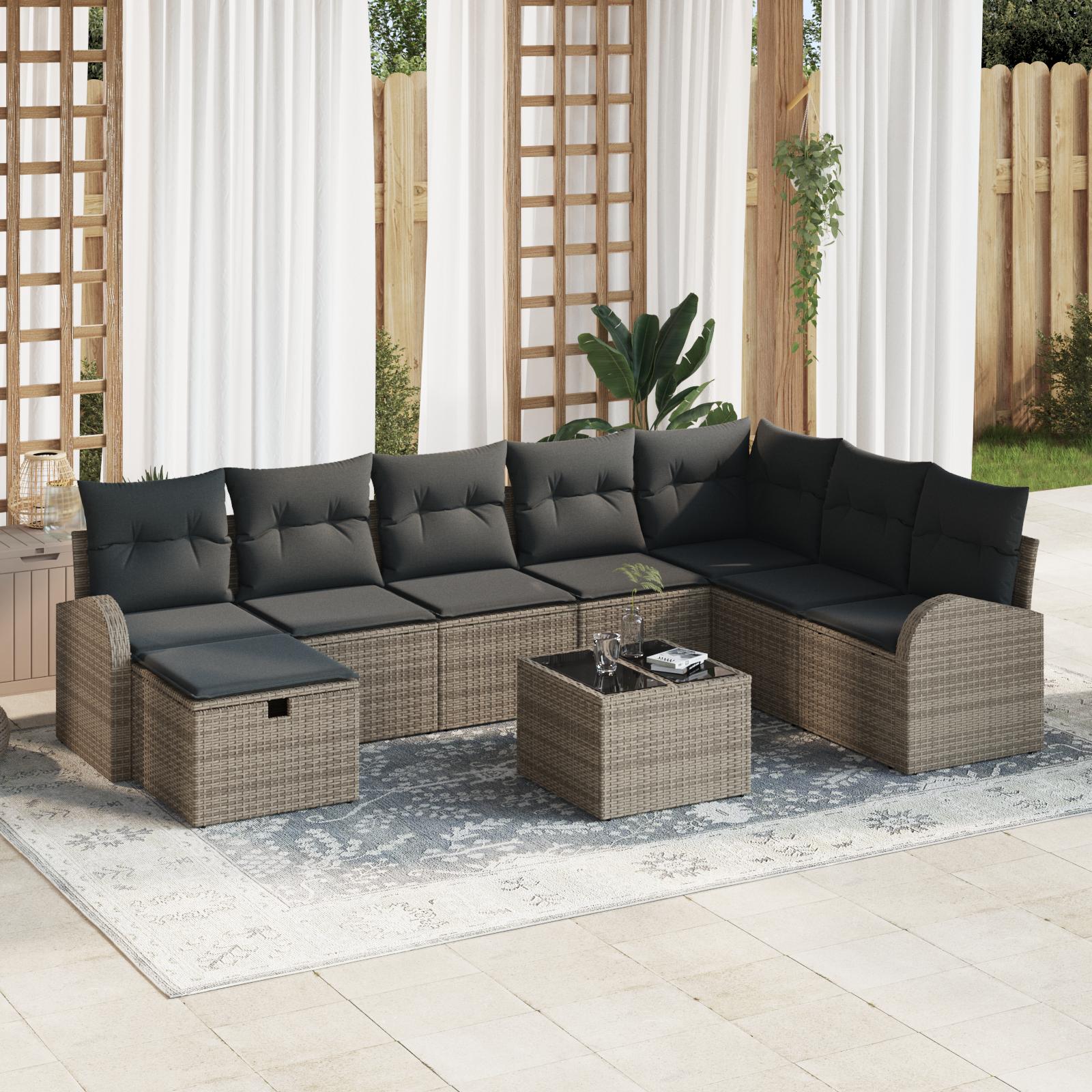 Havesofa SÃ¦t med pude med opbevaring 9 stk GrÃ¥ Poly rattan