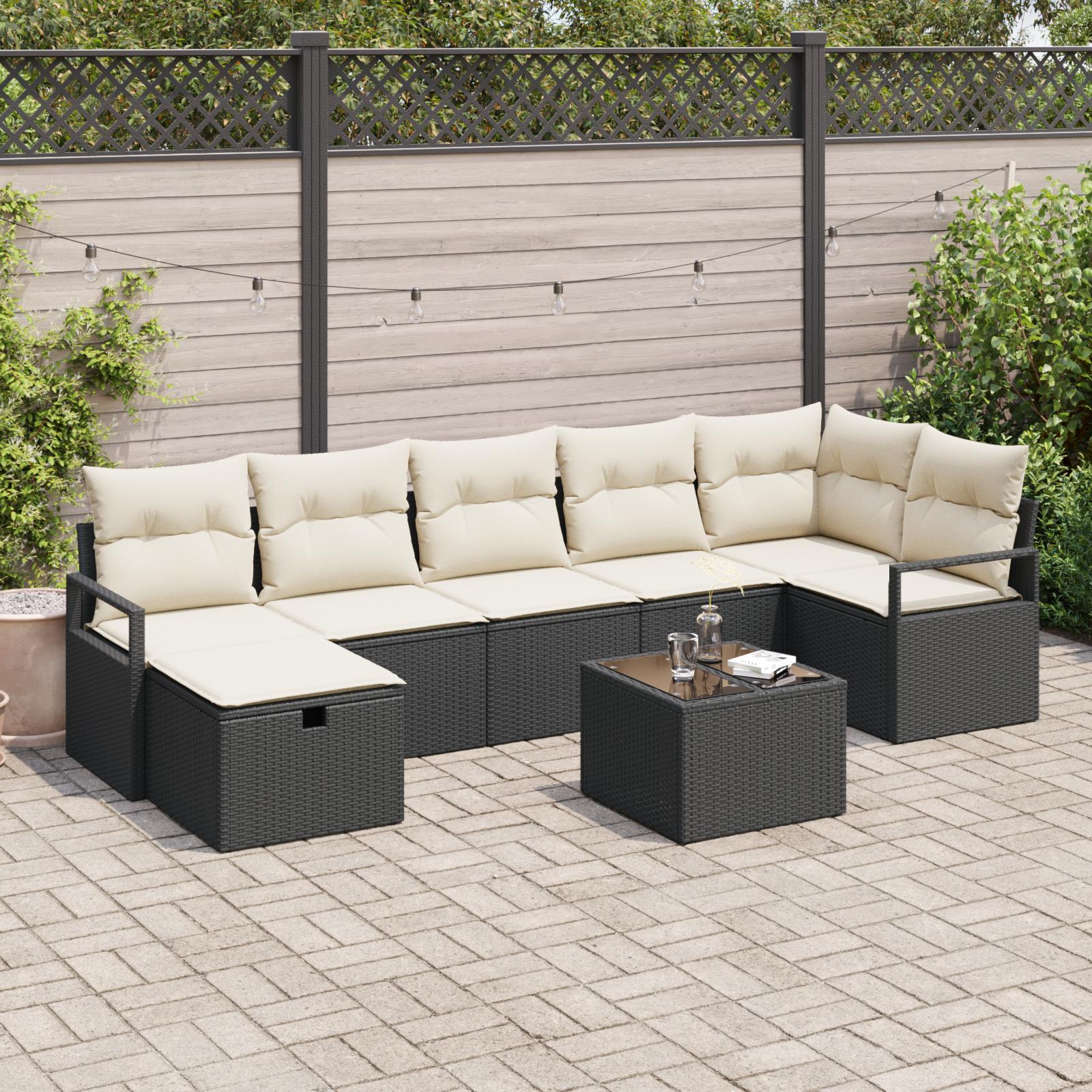 Havesofa SÃ¦t med pude med opbevaring 8 stk Sort Poly rattan