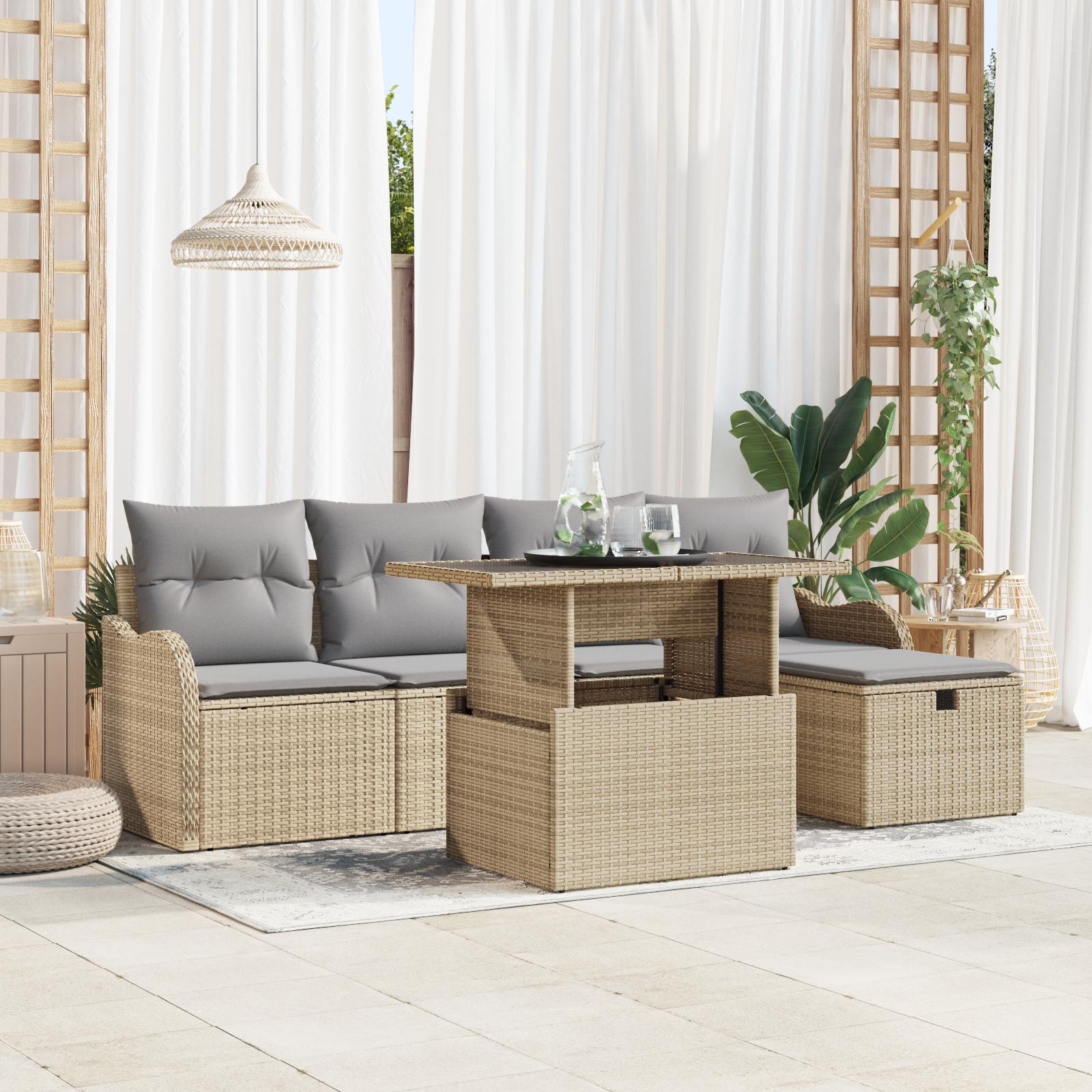 Havesofa SÃ¦t med pude med opbevaring 6 stk Beige Poly rattan