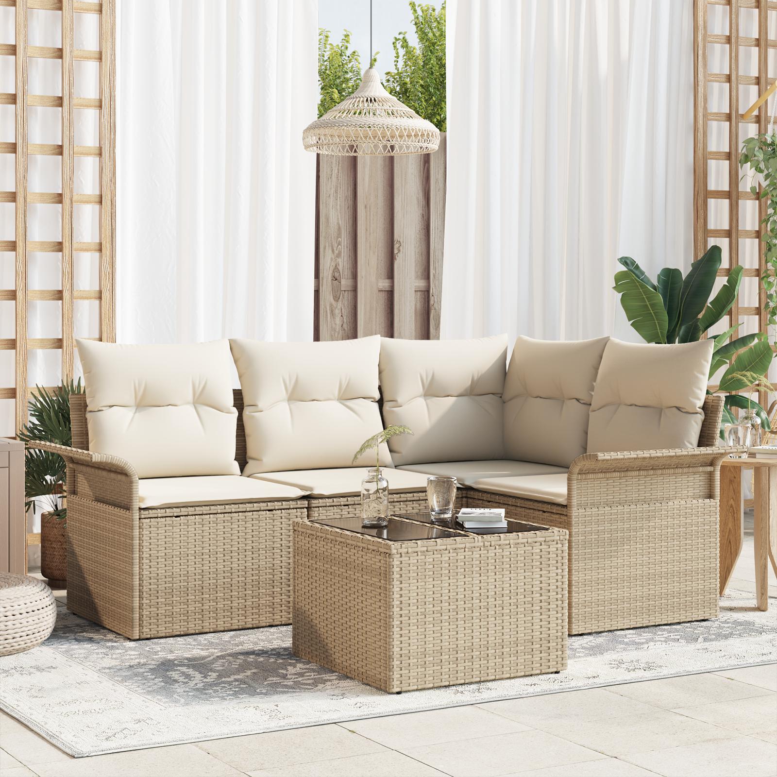 Havesofa Sæt med pude med opbevaring 5 stk Beige Poly rattan