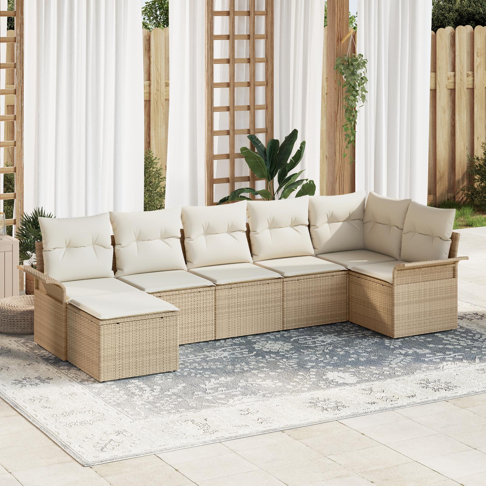 Havesofa Sæt med pude med opbevaring 7 stk Beige Poly rattan