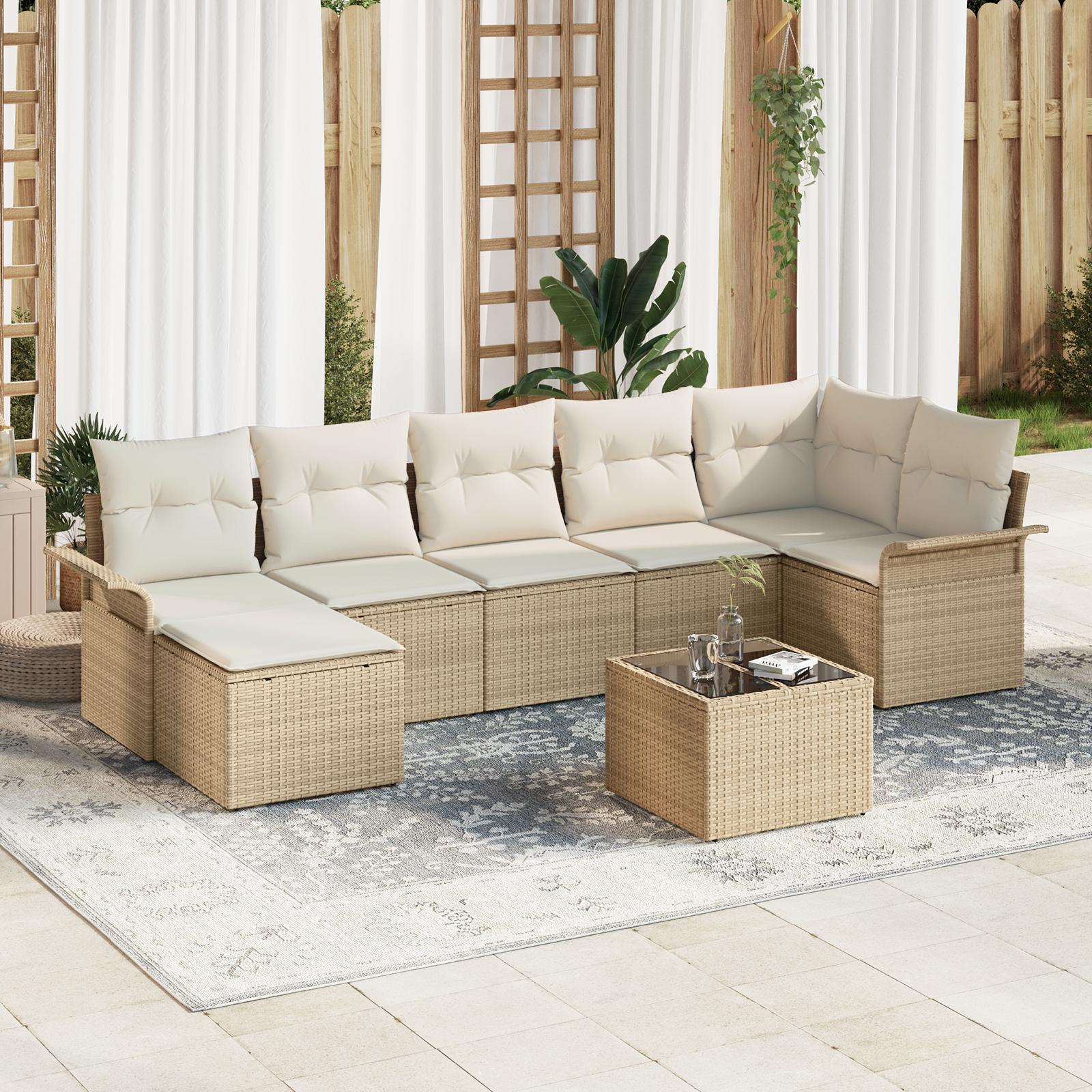 Havesofa Sæt med pude med opbevaring 8 stk Beige Poly rattan