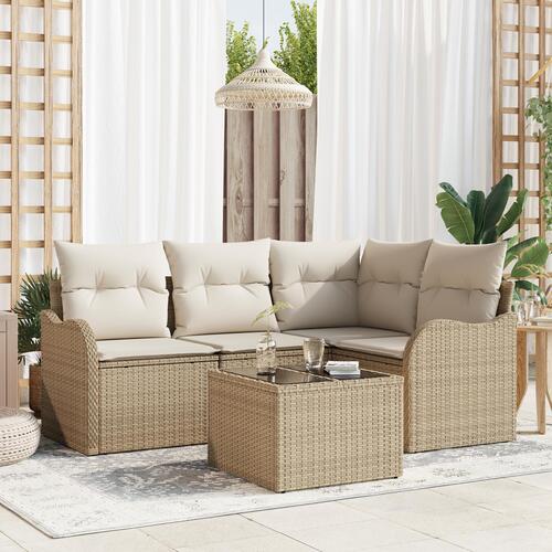 5 Delers Have Sofa Sæt med Hynder Brun Poly Rattan&& 2-Personers Have Sofa med Opbevaring & Hynder Beige Poly Rattan