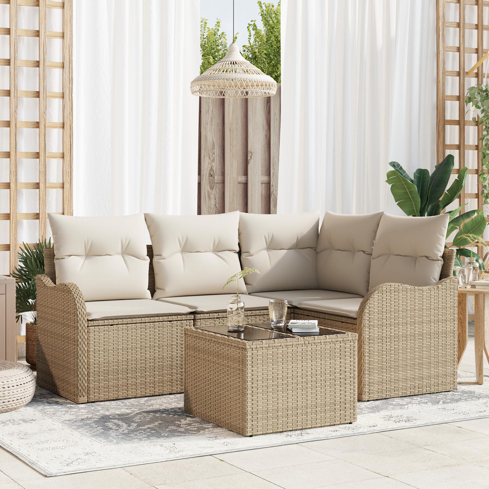5 Delers Have Sofa Sæt med Hynder Brun Poly Rattan&& 2-Personers Have Sofa med Opbevaring & Hynder Beige Poly Rattan