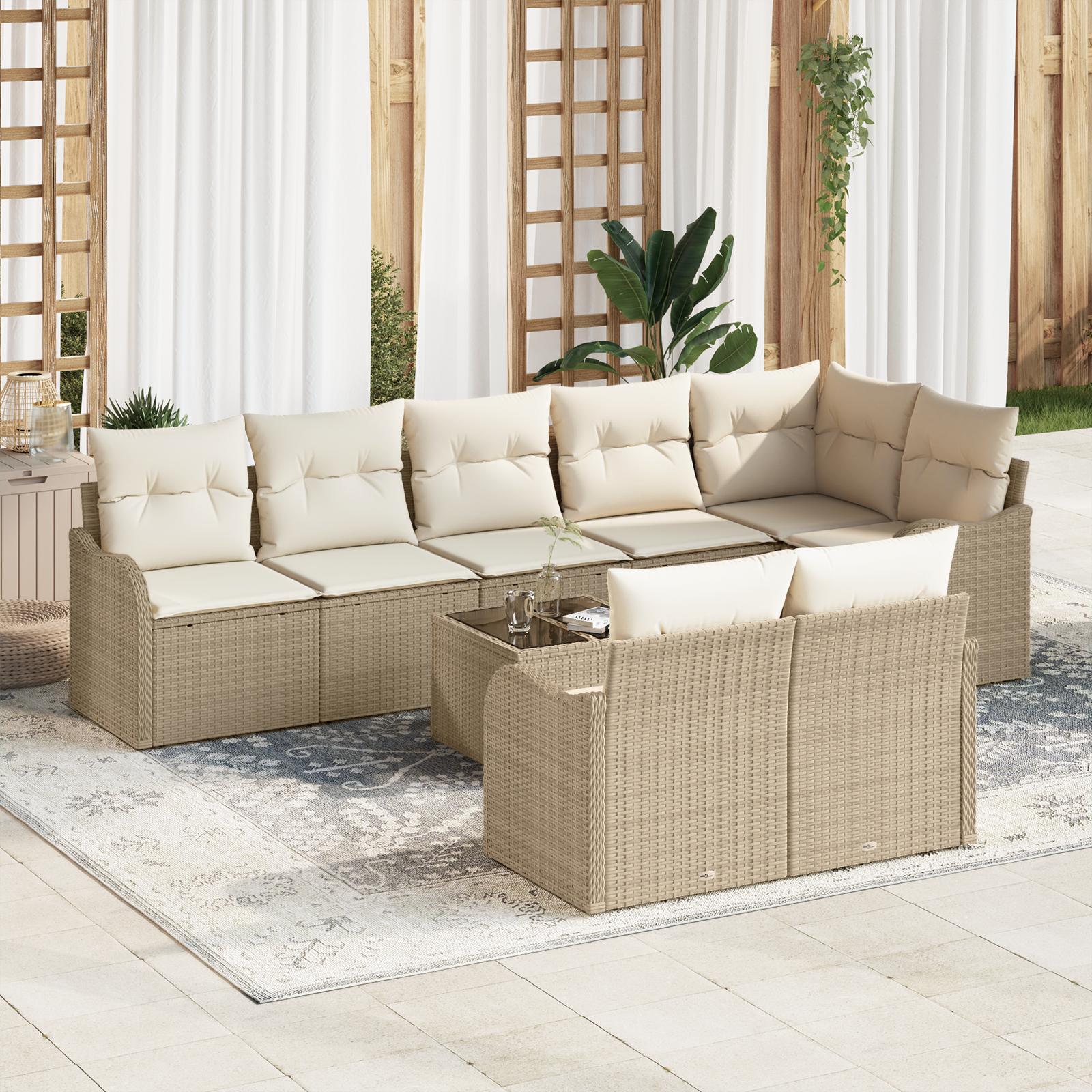 Havesofa Sæt med pude 9 stk Beige og hvid Poly rattan