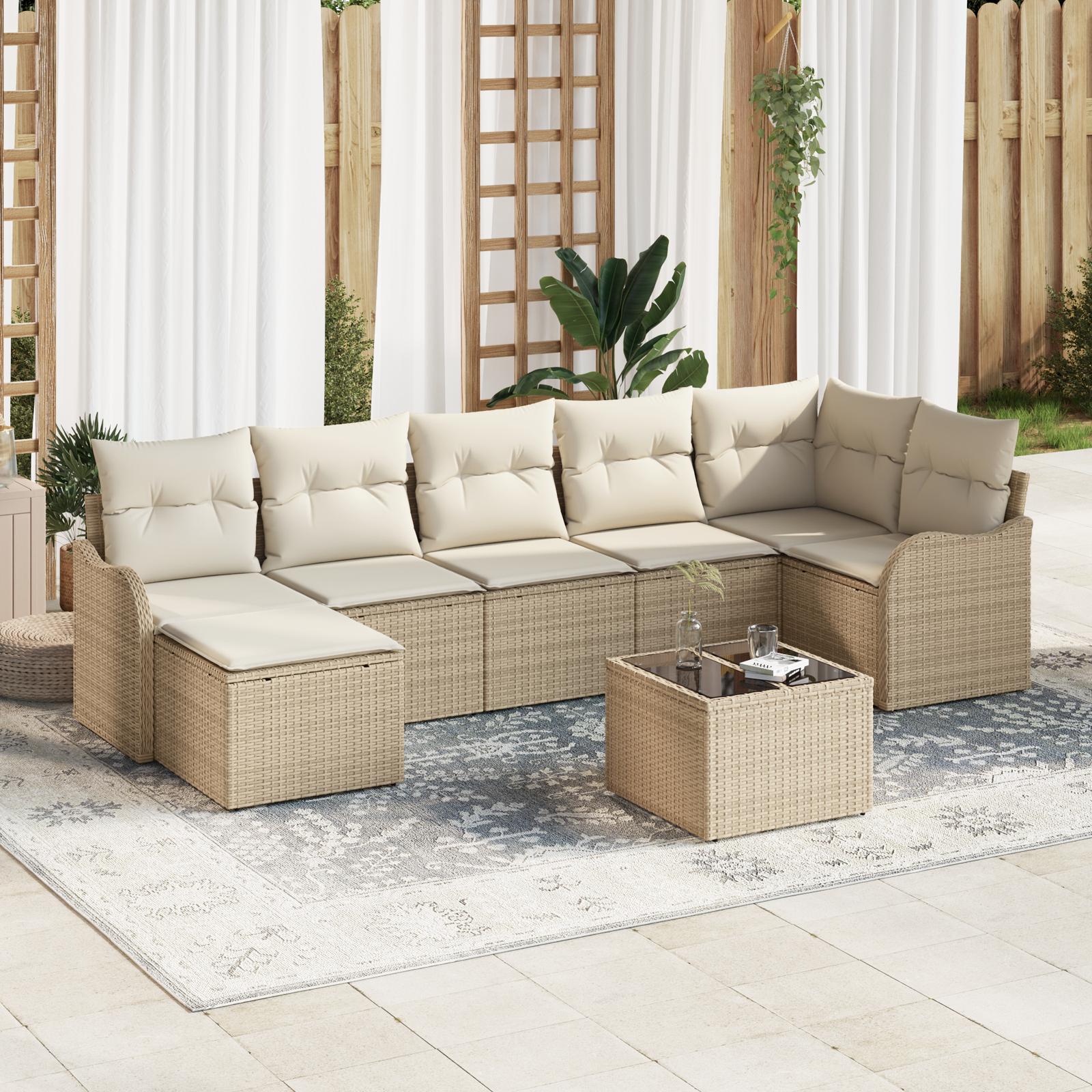 Havesofa Sæt med pude 8 stk Beige og hvid Poly rattan