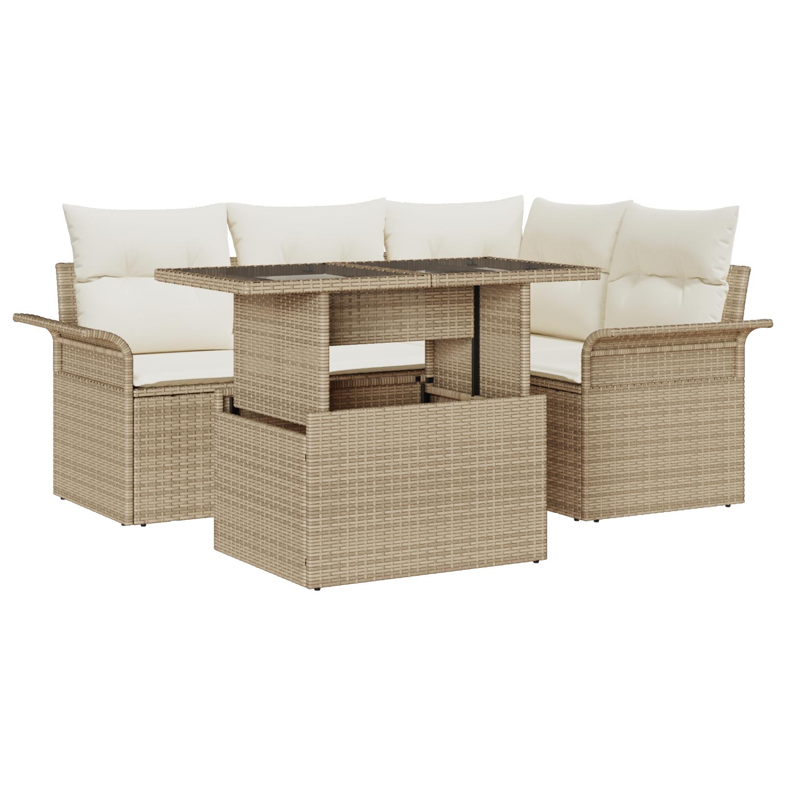 Havesofa SÃ¦t med pude med opbevaring 5 stk Beige Poly rattan