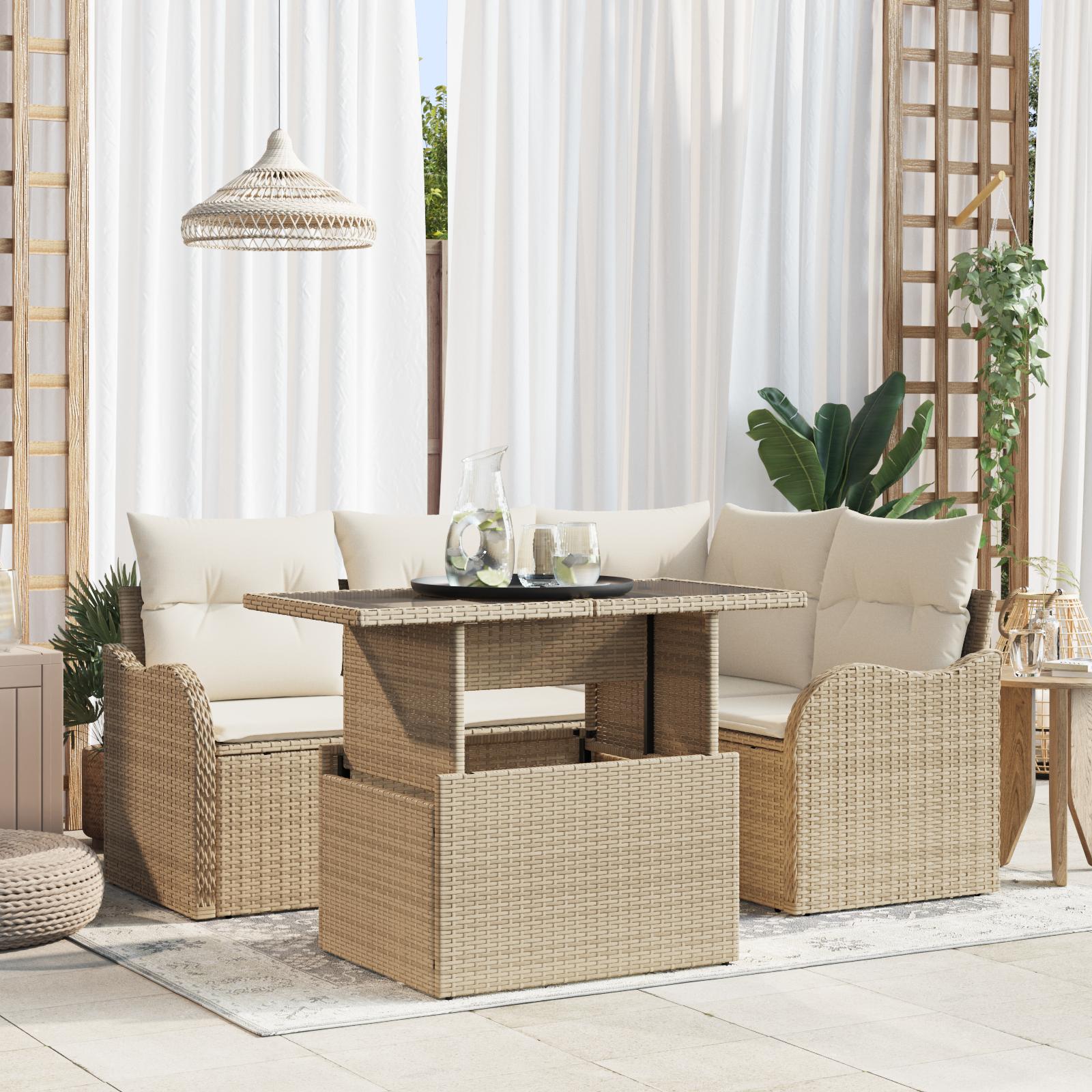 Havesofa Sæt med pude 5 stk Beige 100 x 55 x 73 cm Poly rattan