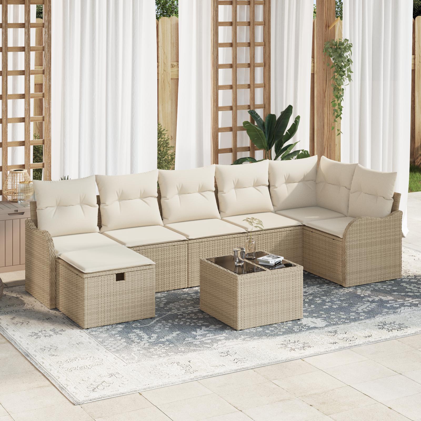 Havesofa SÃ¦t med pude med opbevaring 8 stk Beige Poly rattan
