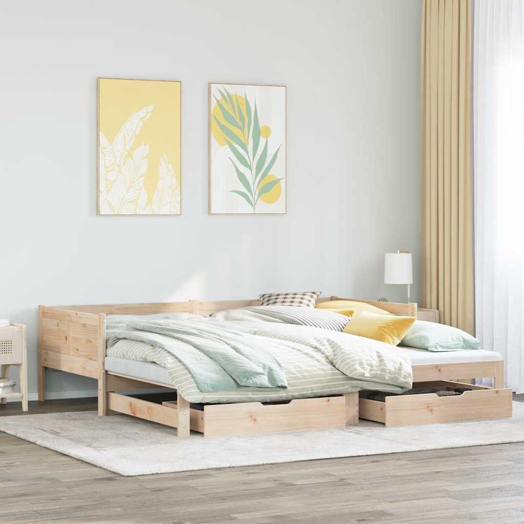 Daybed med Udtræk og Skuffer Uden Madras - Naturfarvet / 90 x 190 cm
