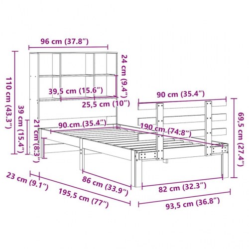 Seng med reol uden madras 90x190 cm massivt fyrretræ