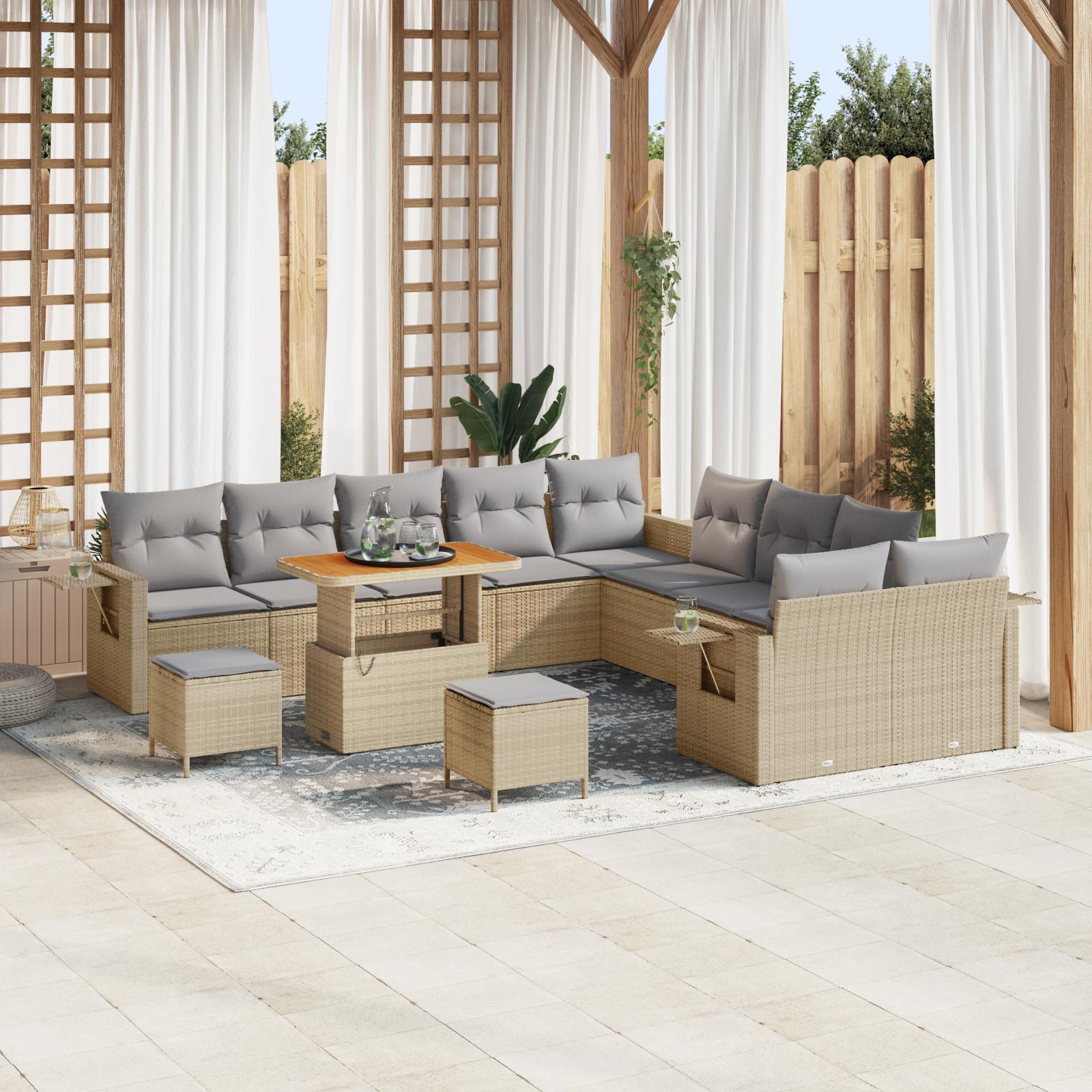 Havesofa sæt i beige polyrattan - 13 dele, modulært loungesæt med justerbart bord