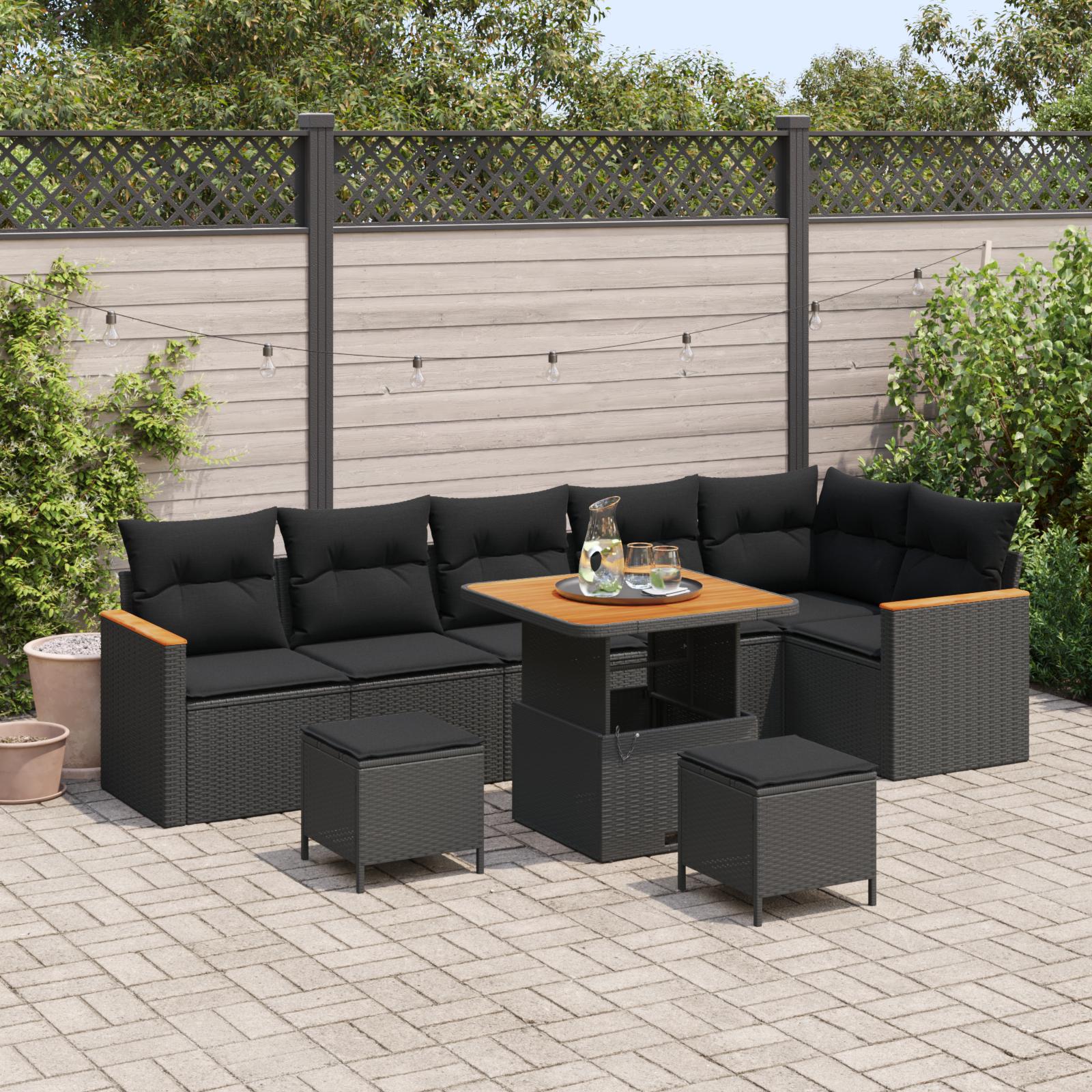 Havesofa sæt i sort polyrattan - 9 dele, modulopbygget
