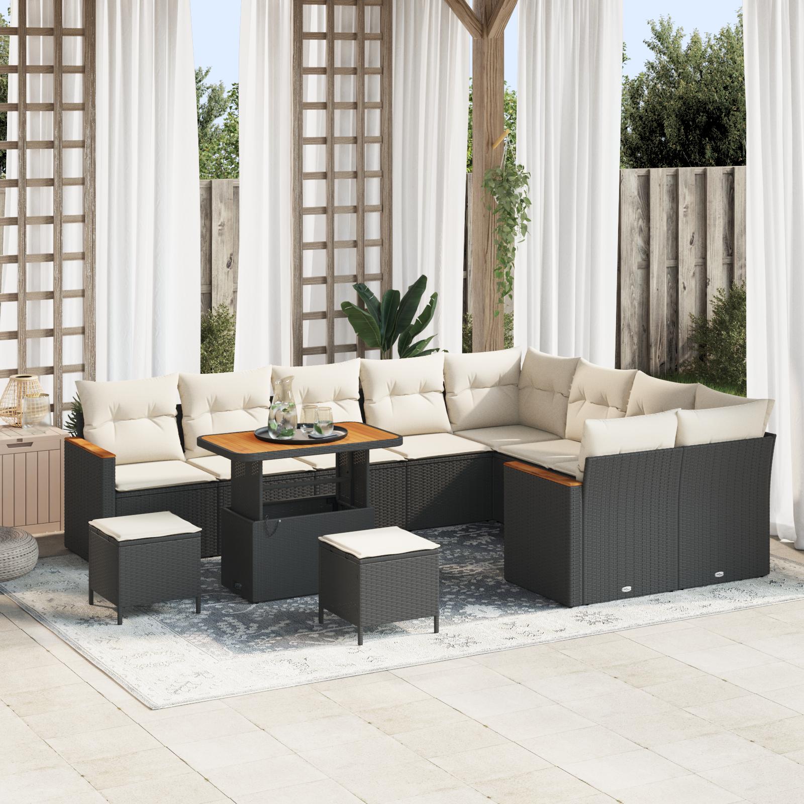 12 Stk Have Sofa Sæt Med Puder Sort Poly Rattan Akacia&& 3 Stk Have Spise Sæt Med Puder Sort Poly Rattan Akacia