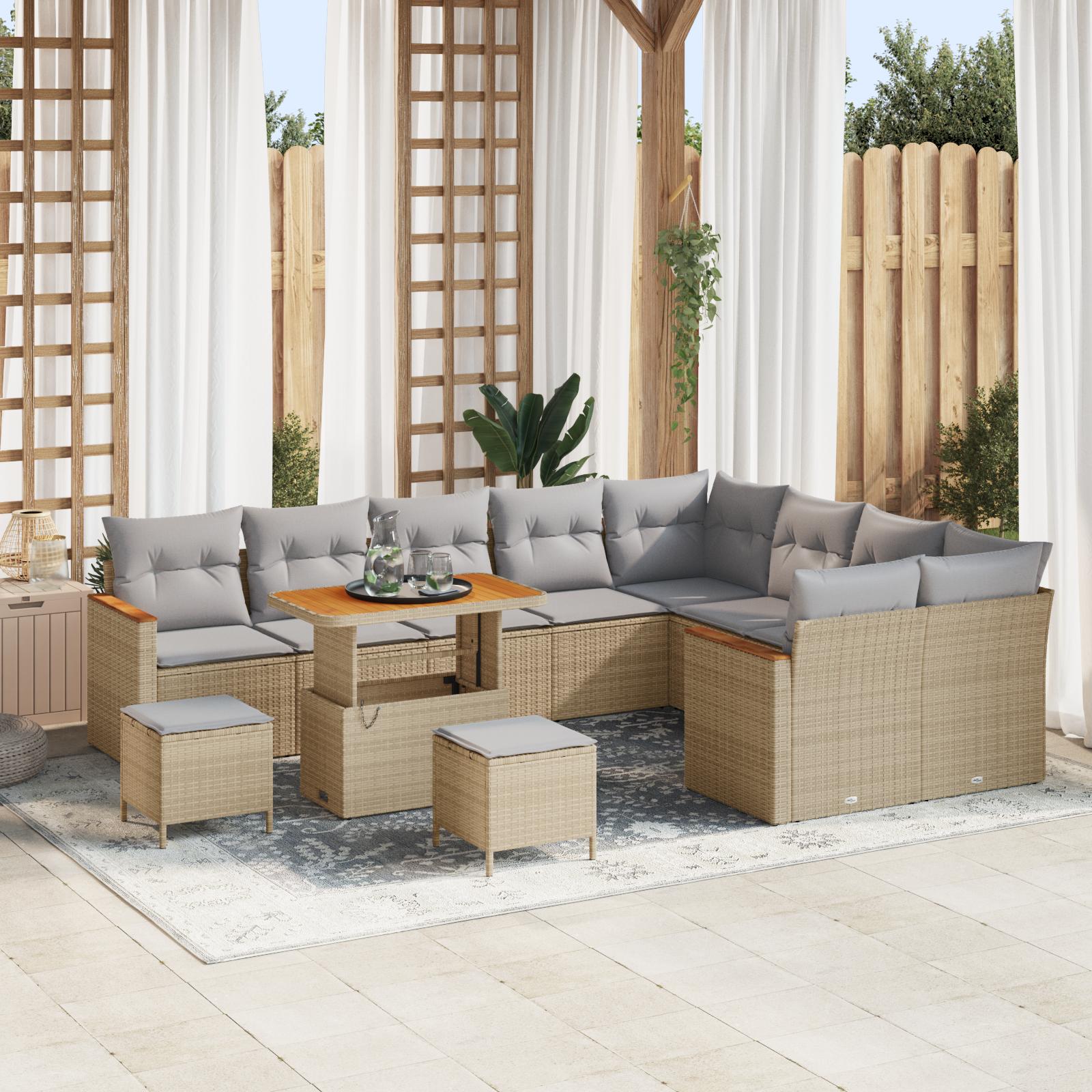 Havesofa sæt i beige polyrattan - modulær lounggruppe, 12 dele