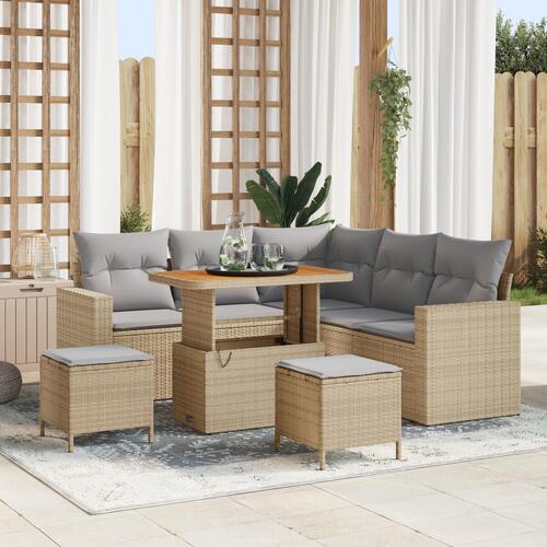 8 Styk Have Sofa Sæt med Puder Beige Poly Rattan Acacia&& 3 Styk Have Spise Sæt med Puder Beige Poly Rattan Acacia