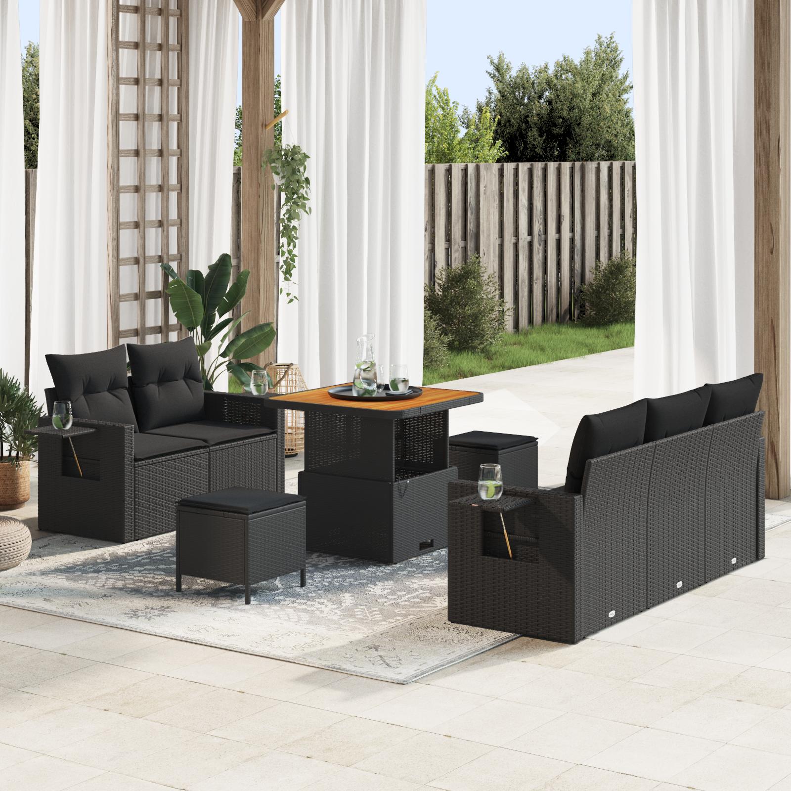 Havesofa SÃ¦t med pude med opbevaring 8 stk Sort 80 x 80 x 71 cm