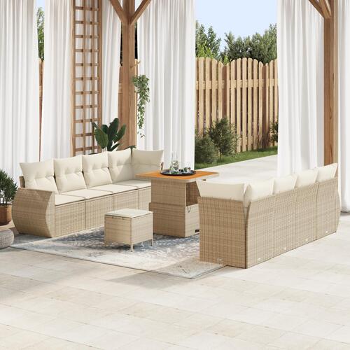 11 Deles Have Sofa Sæt med Hynder Beige Poly Rattan Akacia&& 3 Deles Have Dining Sæt med Hynder Beige Poly Rattan Akacia
