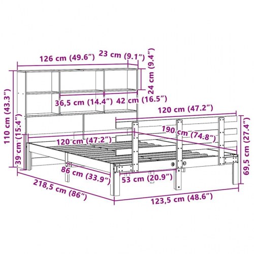 Seng med reol uden madras 120x190 cm massivt fyrretræ