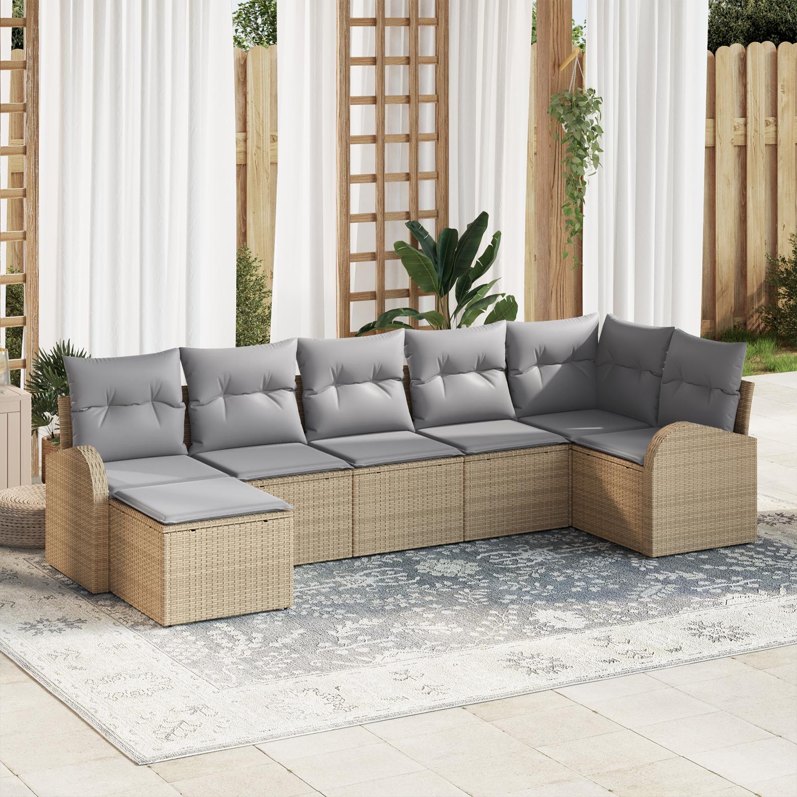 Modulært havesofa-sæt med opbevaring, 7 dele - beige polyrattan med grå puder