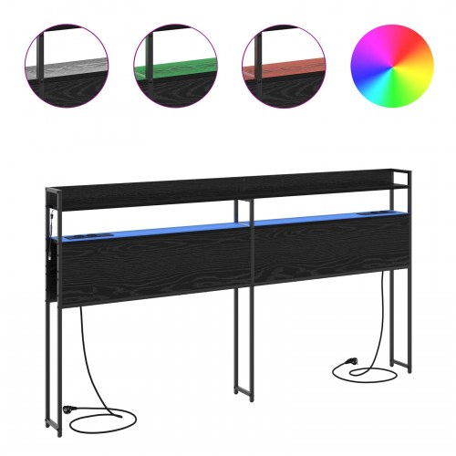 Opbevaringshovedgavl med LED og opladningsstation - sort eg, 200 cm