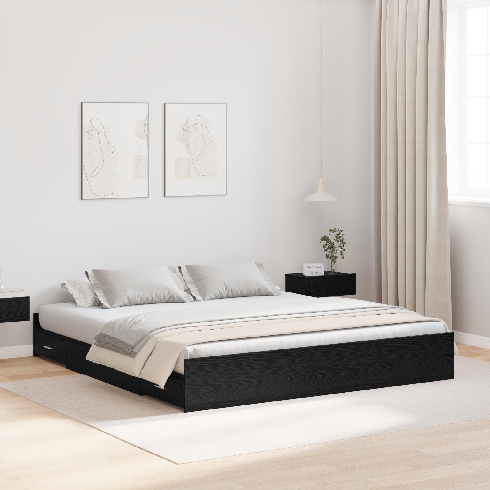 Sengeramme med opbevaring Sort eg 200 x 200 cm Konstrueret træ