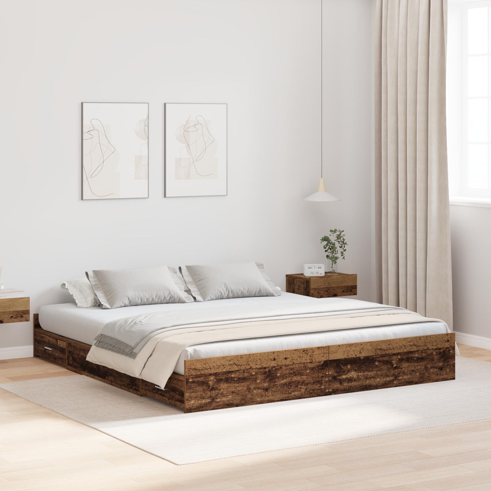 Seng med opbevaring - gammelt træ look, 200 x 200 cm, konstrueret træ