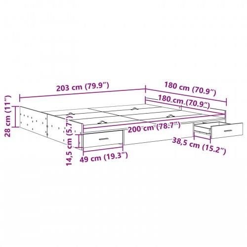 Sengeramme med opbevaring Sort eg 180 x 200 cm Konstrueret træ