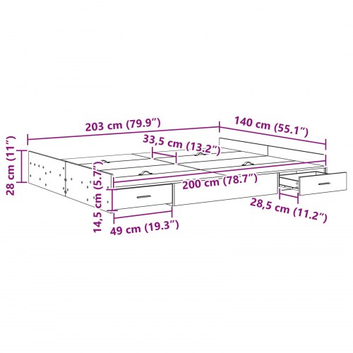 Sengeramme med opbevaring Betongrå 140 x 200 cm Konstrueret træ