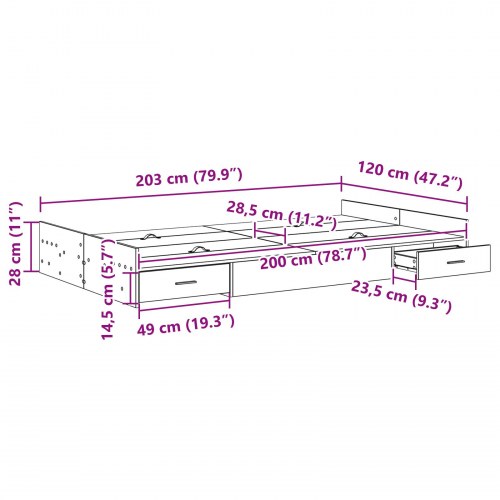 Sengeramme med opbevaring med skuffe Gammelt træ 120 x 200 cm