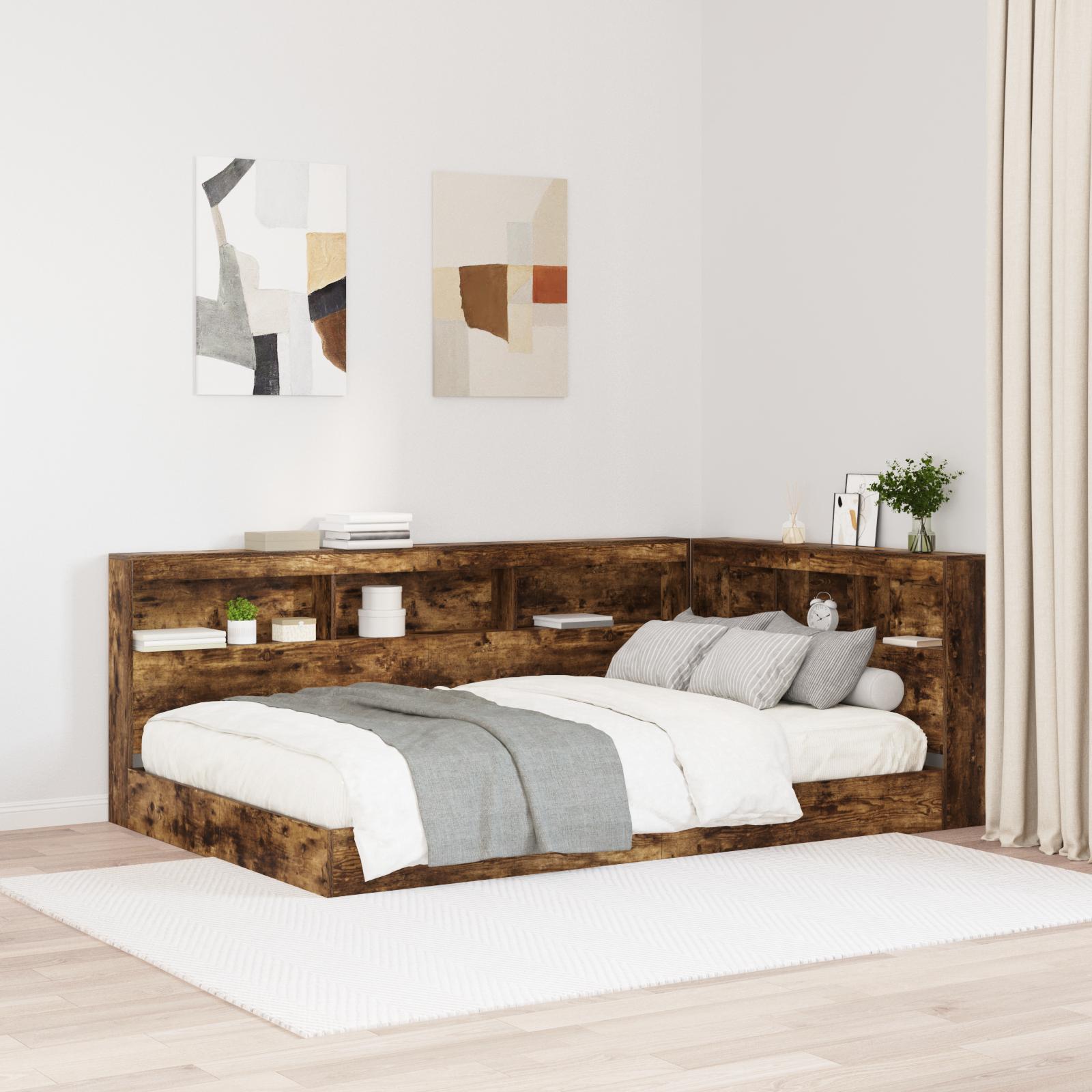 Opbevaringshovedgavl med hylder - røget eg, L-form, 207,5 × 137,5 × 76,5 cm