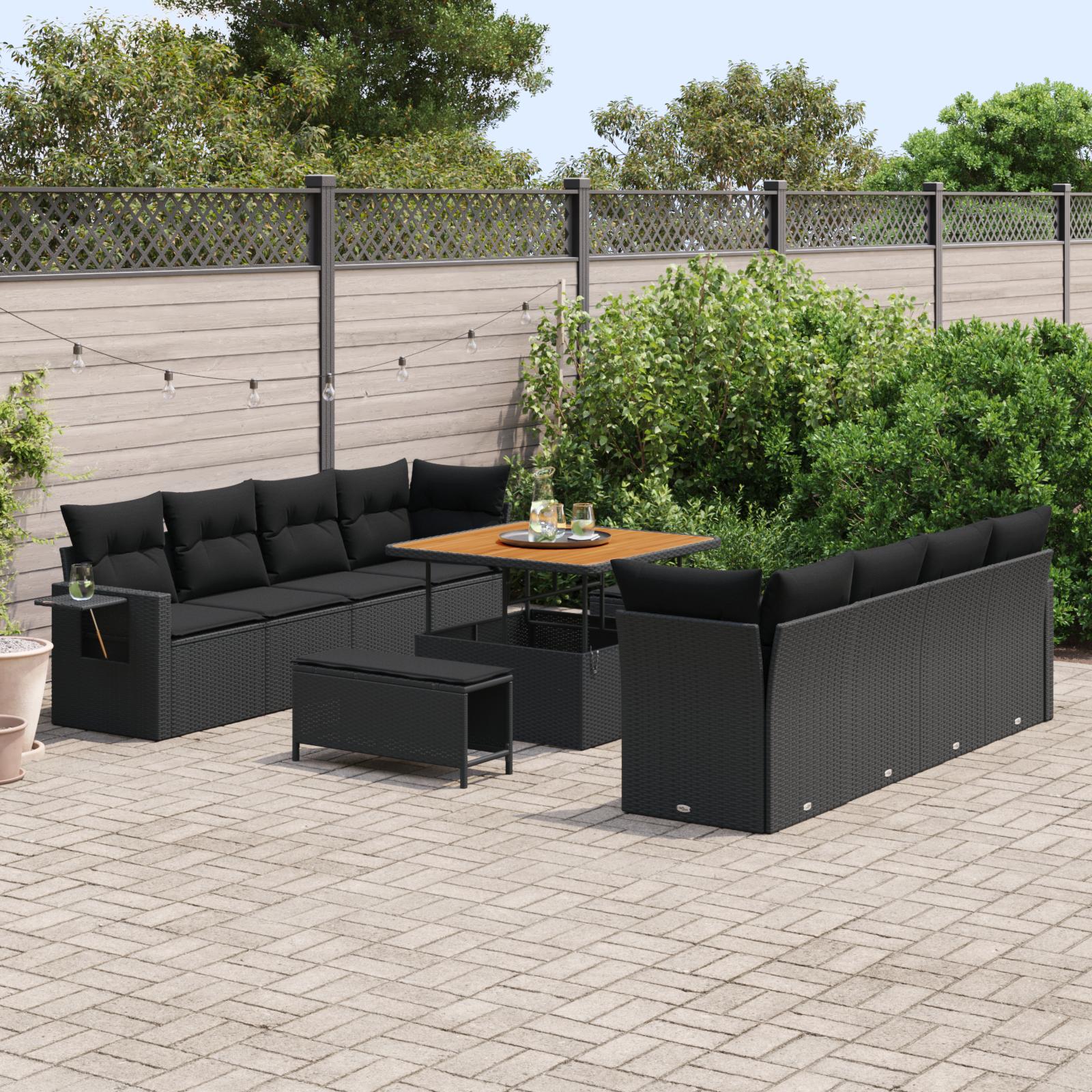 Havesofa-sæt i sort polyrattan - modulopbygget lounge med justerbart bord, 11 dele